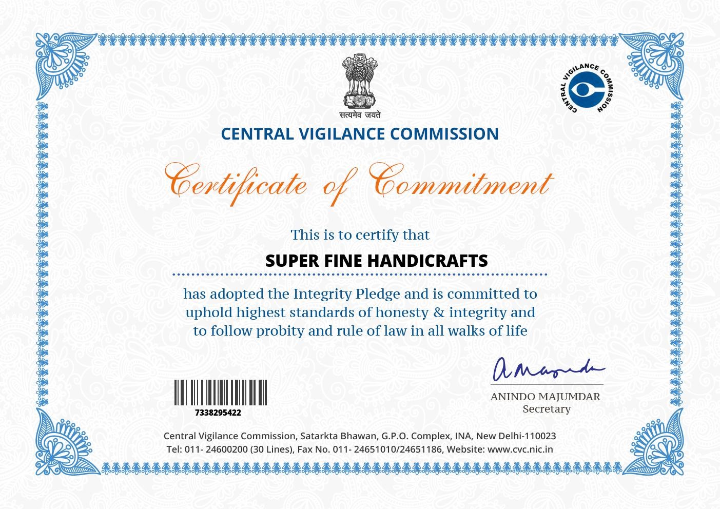 SUPERFINE HANDICRAFTS -CENTRAL VIGILENCE COMMISSION CERTIFICATE
